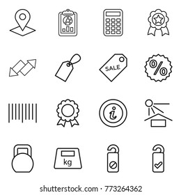 Thin line icon set : pointer, report, calculator, medal, up down arrow, label, sale, percent, bar code, info, sun potection, heavy, do not distrub, please clean