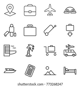 Thin line icon set : pointer, portfolio, plane, dome house, passenger, suitcase, baggage get, hotel, palm, trolley, transfer, yacht, inflatable mattress, landscape, bed