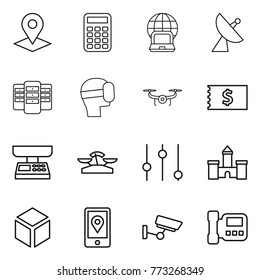 Thin line icon set : pointer, calculator, notebook globe, satellite antenna, server, virtual mask, drone, receipt, market scales, equalizer, castle, 3d, mobile location, surveillance, intercome