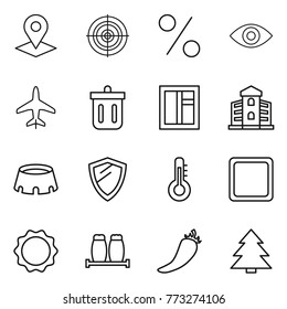 Thin line icon set : pointer, target, percent, eye, plane, bin, window, building, stadium, shield, thermometer, cutting board, induction oven, salt pepper, hot, spruce