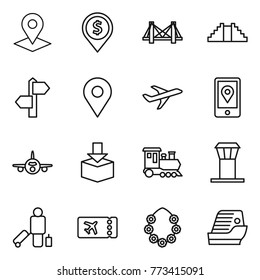 Thin line icon set : pointer, dollar pin, bridge, pyramid, signpost, geo, plane, mobile location, package, train, airport tower, passenger, ticket, hawaiian wreath, cruise ship
