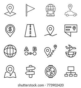 Thin line icon set : pointer, flag, notebook globe, car, dollar pin, road, geo, location details, route a to b, plane shipping, map, signpost, compass, hierarchy