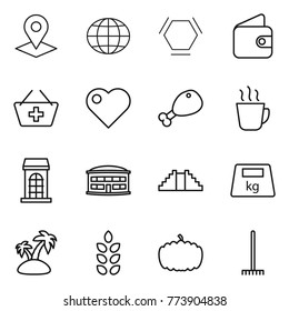 Thin line icon set : pointer, globe, hex molecule, wallet, add to basket, heart, chicken leg, hot drink, building, airport, pyramid, heavy, island, spikelets, pumpkin, rake