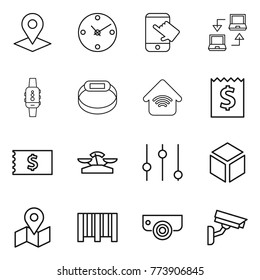 Thin line icon set : pointer, clock, touch, notebook connect, smart watch, bracelet, wireless home, receipt, scales, equalizer, 3d, map, bar code, surveillance camera