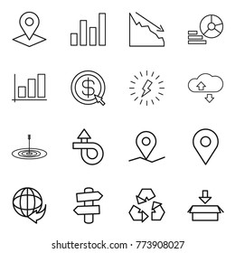 Thin line icon set : pointer, graph, crisis, diagram, dollar arrow, lightning, cloude service, target, trip, geo pin, delivery, signpost, recycling, package
