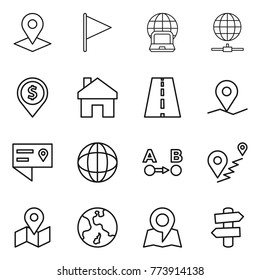 Thin line icon set : pointer, flag, notebook globe, connect, dollar pin, home, road, geo, location details, route a to b, map, earth, signpost