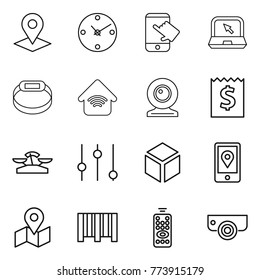 Thin line icon set : pointer, clock, touch, notebook, smart bracelet, wireless home, web cam, receipt, scales, equalizer, 3d, mobile location, map, bar code, remote control, surveillance camera