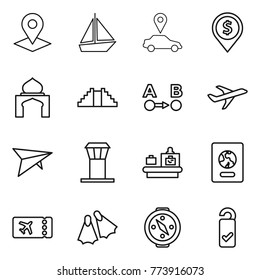 Thin line icon set : pointer, boat, car, dollar pin, minaret, pyramid, route a to b, plane, deltaplane, airport tower, baggage checking, passport, ticket, flippers, compass, please clean
