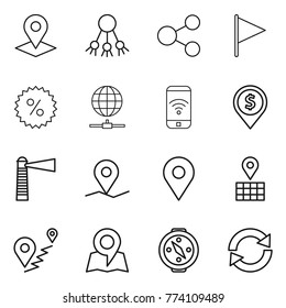 Thin line icon set : pointer, share, flag, percent, globe connect, phone wireless, dollar pin, lighthouse, geo, map, route, compass, reload