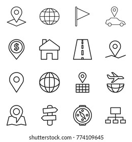 Thin line icon set : pointer, globe, flag, car, dollar pin, home, road, geo, map, plane shipping, signpost, compass, hierarchy