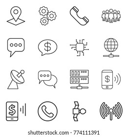 Thin line icon set : pointer, gear, phone, team, message, money, chip, globe connect, satellite antenna, discussion, server, pay, mobile, wireless