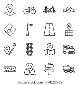 Thin line icon set : pointer, bike, bridge, drawbridge, under construction, outdoor light, road, map, route, traffic, train, bus, signpost, sweeper