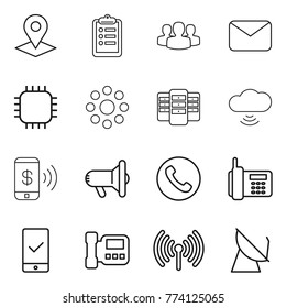 Thin line icon set : pointer, clipboard, group, mail, chip, round around, server, cloud wireless, phone pay, megafon, mobile checking, intercome, satellite antenna
