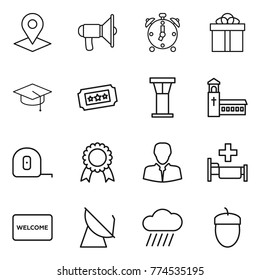 Thin line icon set : pointer, loudspeaker, alarm clock, gift, graduate hat, ticket, airport tower, church, measuring tape, medal, client, hospital, welcome mat, satellite antenna, rain cloud, acorn