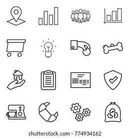 Thin line icon set : pointer, graph, team, delivery, bulb, hand coin, bone, real estate, clipboard, invoice, protected, coffee maker, croissant, gears, garbage bag