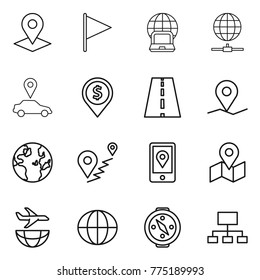 Thin line icon set : pointer, flag, notebook globe, connect, car, dollar pin, road, geo, route, mobile location, map, plane shipping, compass, hierarchy