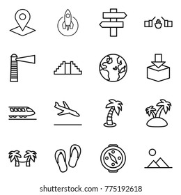 Thin line icon set : pointer, rocket, singlepost, drawbridge, lighthouse, pyramid, globe, package, train, arrival, palm, island, hammock, flip flops, compass, landscape