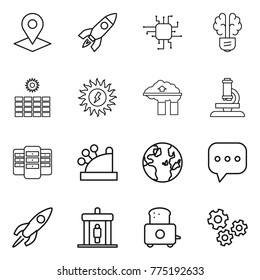 Thin line icon set : pointer, rocket, chip, bulb brain, sun power, factory filter, microscope, server, cashbox, globe, sms, detector, toaster, gears