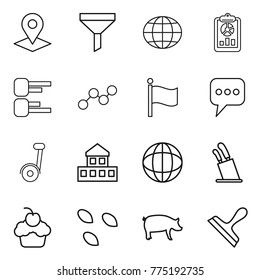 Thin line icon set : pointer, funnel, globe, report, diagram, graph, flag, message, segway, cottage, stands for knives, cupcake, seeds, pig, scraper