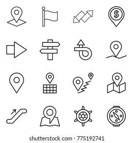 Thin line icon set : pointer, flag, up down arrow, dollar pin, right, singlepost, trip, geo, map, route, escalator, handwheel, compass