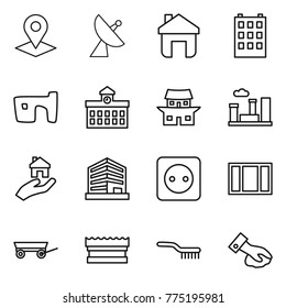 Thin line icon set : pointer, satellite antenna, home, building, slum, university, japanese house, city, real estate, office, power socket, window, trailer, sponge, brush, wiping
