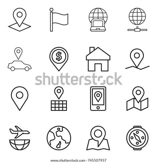 thin line icon set : pointer, flag, notebook\
globe, connect, car, dollar pin, home, geo, map, mobile location,\
plane shipping, earth,\
compass