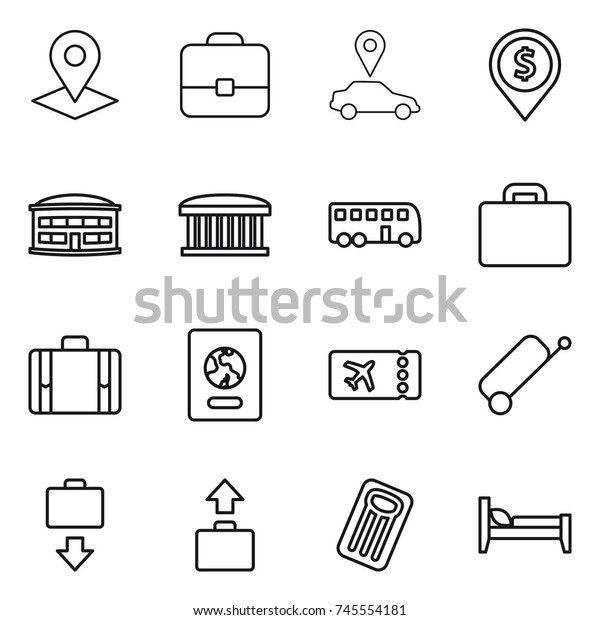 thin line icon set : pointer, portfolio,\
car, dollar pin, airport building, bus, suitcase, passport, ticket,\
baggage get, inflatable mattress,\
bed