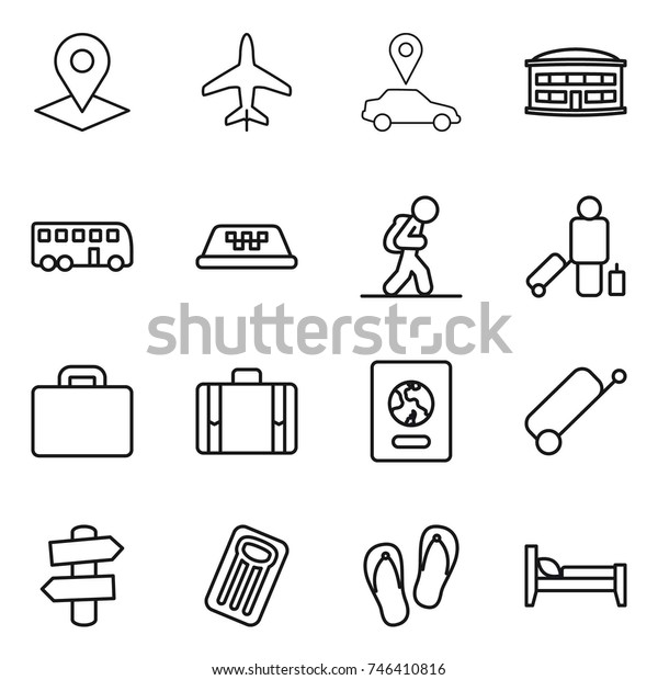 thin line icon set : pointer,
plane, car, airport building, bus, taxi, tourist, passenger,
suitcase, passport, signpost, inflatable mattress, flip flops,
bed