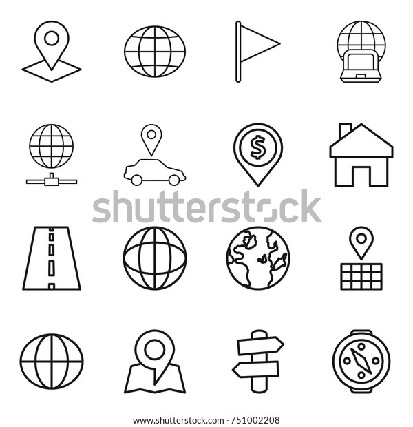 thin line\
icon set : pointer, globe, flag, notebook, connect, car, dollar\
pin, home, road, map, signpost,\
compass