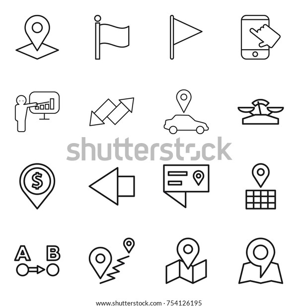 thin line icon set : pointer, flag, touch,\
presentation, up down arrow, car, scales, dollar pin, left,\
location details, map, route a to\
b
