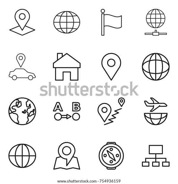 thin line icon set : pointer, globe, flag,\
connect, car, home, geo pin, route a to b, plane shipping, map,\
compass, hierarchy