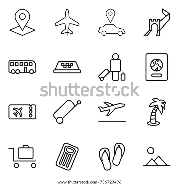 Thin\
line icon set : pointer, plane, car, greate wall, bus, taxi,\
passenger, passport, ticket, suitcase, departure, palm, baggage\
trolley, inflatable mattress, flip flops,\
landscape