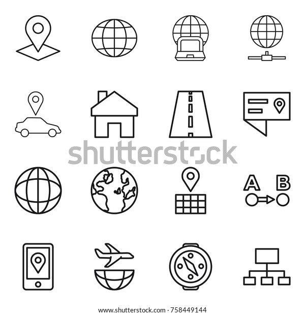 Thin line icon set : pointer, globe,\
notebook, connect, car, home, road, location details, map, route a\
to b, mobile, plane shipping, compass,\
hierarchy