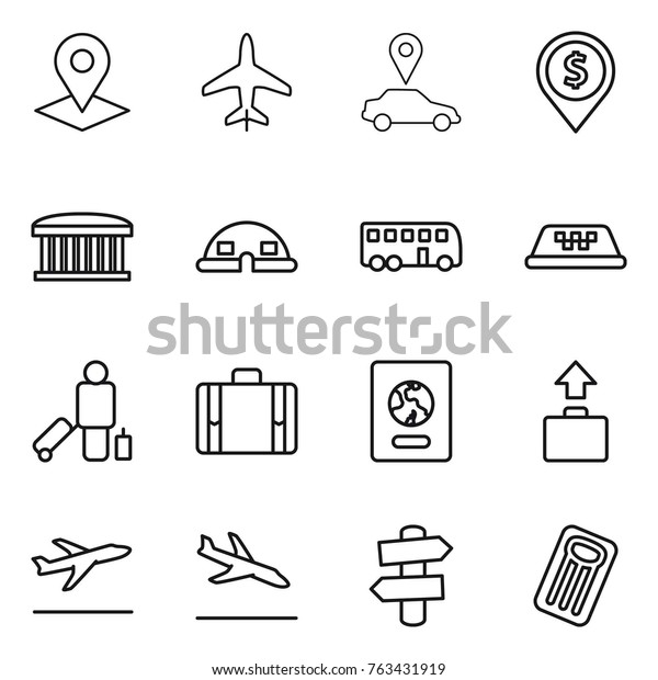 Thin\
line icon set : pointer, plane, car, dollar pin, airport building,\
dome house, bus, taxi, passenger, suitcase, passport, baggage,\
departure, arrival, signpost, inflatable\
mattress