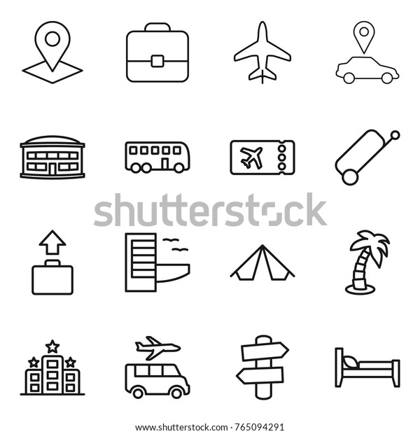 Thin line icon set : pointer, portfolio,\
plane, car, airport building, bus, ticket, suitcase, baggage,\
hotel, tent, palm, transfer, signpost,\
bed