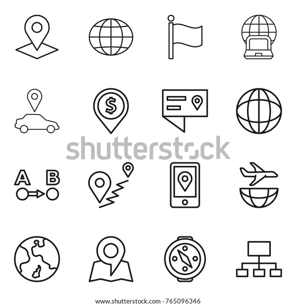 Thin line icon set : pointer, globe,\
flag, notebook, car, dollar pin, location details, route a to b,\
mobile, plane shipping, earth, map, compass,\
hierarchy