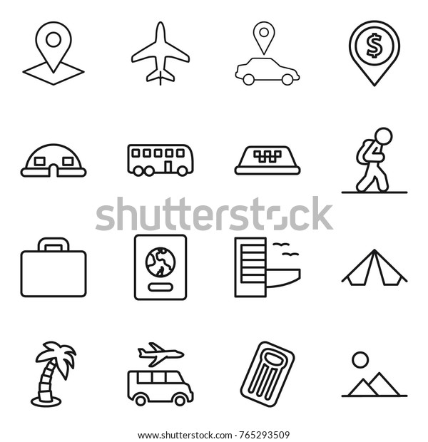 Thin line icon set :\
pointer, plane, car, dollar pin, dome house, bus, taxi, tourist,\
suitcase, passport, hotel, tent, palm, transfer, inflatable\
mattress, landscape