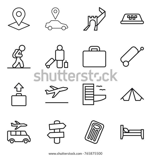 Thin line icon set :\
pointer, car, greate wall, taxi, tourist, passenger, suitcase,\
baggage, departure, hotel, tent, transfer, signpost, inflatable\
mattress, bed