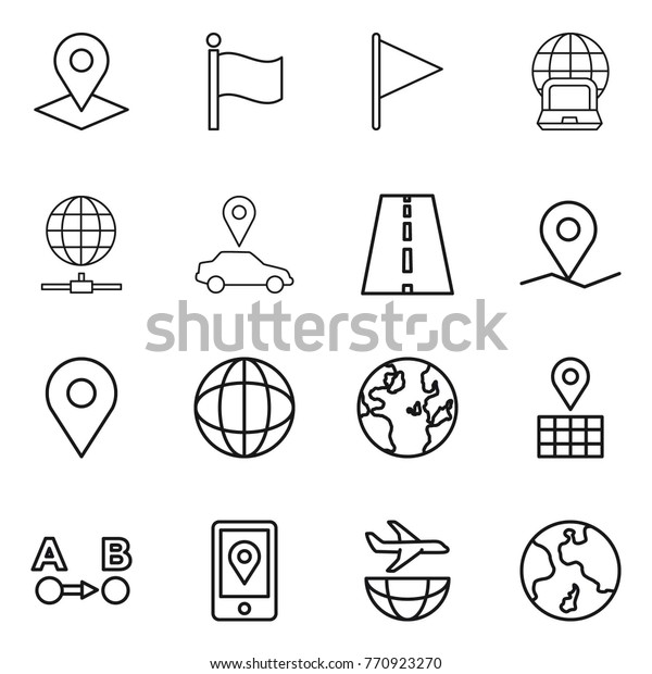 Thin line icon set : pointer, flag, notebook globe,\
connect, car, road, geo pin, map, route a to b, mobile location,\
plane shipping, earth