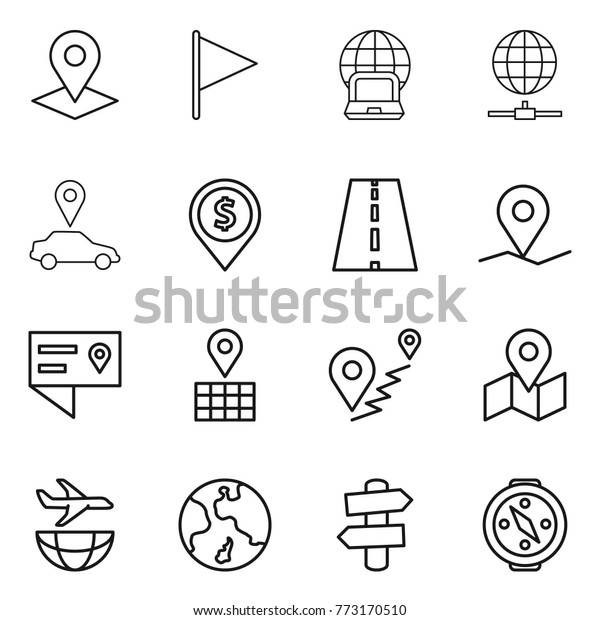 Thin line icon set : pointer,
flag, notebook globe, connect, car, dollar pin, road, geo, location
details, map, route, plane shipping, earth, signpost,
compass