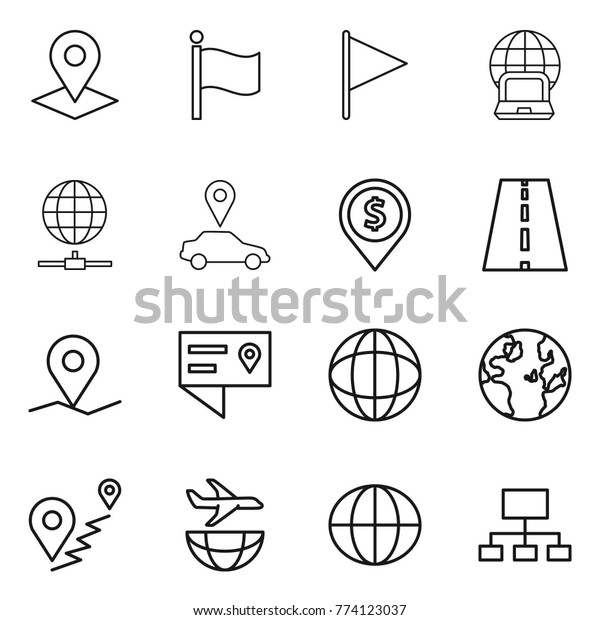Thin line icon set : pointer, flag, notebook\
globe, connect, car, dollar pin, road, geo, location details,\
route, plane shipping,\
hierarchy