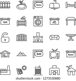 Thin Line Icon Set - pond vector, sun panel, mountains, warehouse, fence, rooms, sold signboard, low price, lock, bedroom, children room, table, washer, cushioned furniture, fireplace, tv, factory