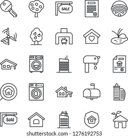 Thin Line Icon Set - pond vector, contract, house, with garage, windmill, water supply, fruit tree, estate document, sale, sold signboard, office building, search, key, washer, sweet home, fireplace