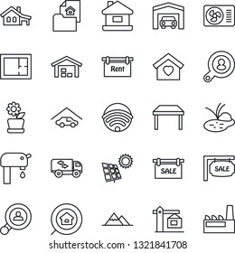 Thin Line Icon Set - pond vector, house, with garage, sun panel, water supply, mountains, warehouse, plan, estate document, sale, rent, search, client, table, moving, sweet home, air conditioner