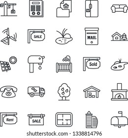 Thin Line Icon Set - pond vector, contract, house with tree, mailbox, sun panel, windmill, water supply, fruit, warehouse, plan, estate document, sale, rent, sold signboard, office building, moving