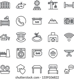 Thin Line Icon Set - pond vector, house with garage, sun panel, mountains, fence, sold signboard, bedroom, children room, table, washer, sweet home, fireplace, air conditioner, wireless, crane