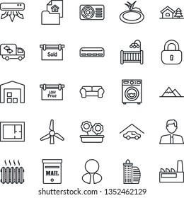 Thin Line Icon Set - pond vector, house with tree, mailbox, windmill, mountains, garage, warehouse, plan, estate document, sold signboard, low price, office building, agent, lock, children room