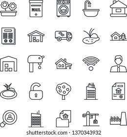 Thin Line Icon Set - pond vector, contract, house, with garage, tree, mailbox, water supply, fruit, warehouse, estate document, client search, agent, lock, bathroom, washer, moving, wireless, city