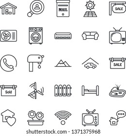 Thin Line Icon Set - pond vector, mailbox, sun panel, windmill, water supply, mountains, garage, warehouse, fence, sale, sold signboard, client search, bedroom, washer, cushioned furniture, tv