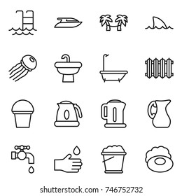 thin line icon set : pool, yacht, palm hammock, shark flipper, jellyfish, sink, bath, radiator, bucket, kettle, jug, water tap, hand drop, foam, soap